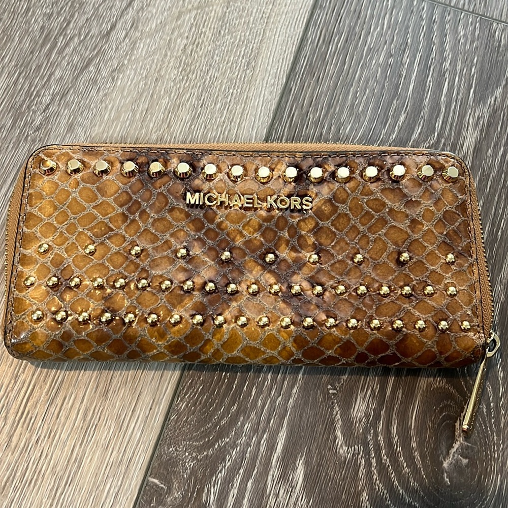 Michale Kors Brown Python and gold studded Wallet